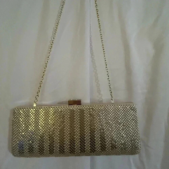 JESSICA MCCLINTOCK GOLD SEQUIN CLUTH PURSE GOLD SHOULDER STAP BEADED CLASP - Picture 1 of 10